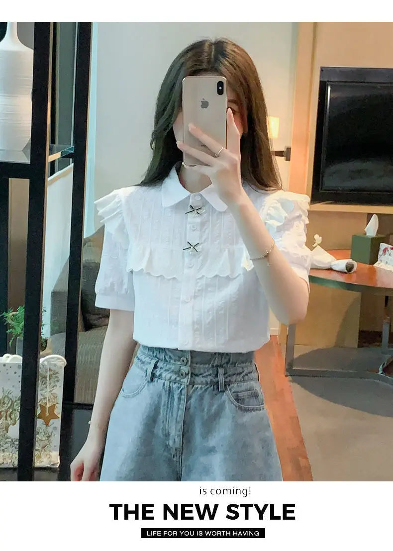 Summer Dress Women's Shirt T-Shirt New Women's Shirt Cotton Shirt Women's Foreign Design Sense Niche Short Sleeve Lace Top