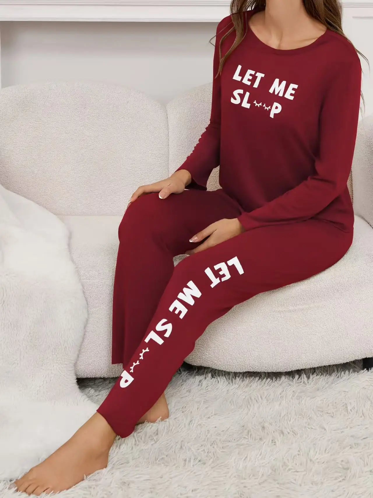 Women's Pyjama Set Fashionable Alphabet Print Round Neck Top and Long Trousers Set Simple and Casual Homewear