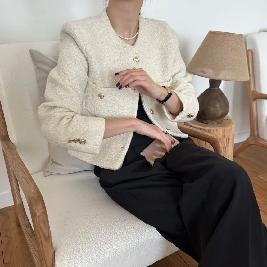 Women Autumn Winter 2025 French Vintage Coat Temperament High Quality Korean Casual Single Breasted Slim Tweed Jackets