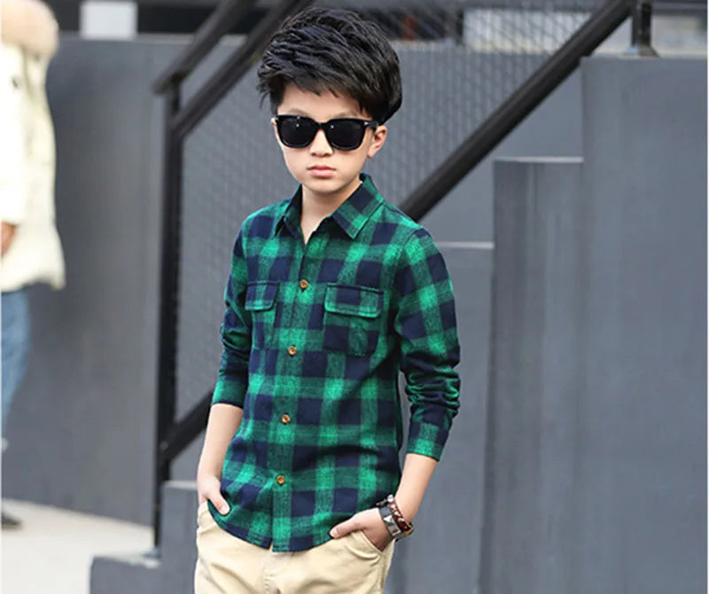 Boys Shirts Fashion Children Plaid Shirts Cotton Long Sleeve Boys Tops Shirt Teenage Kids Boys Clothes 5 6 8 9 10 12 14 15 Years