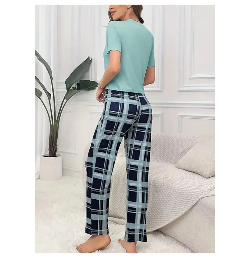 Women's Pajama Pj Set Letter Print Short Sleeve Top & Plaid Print Pants with Bow Details Casual Sleepwear for Adults All Seasons