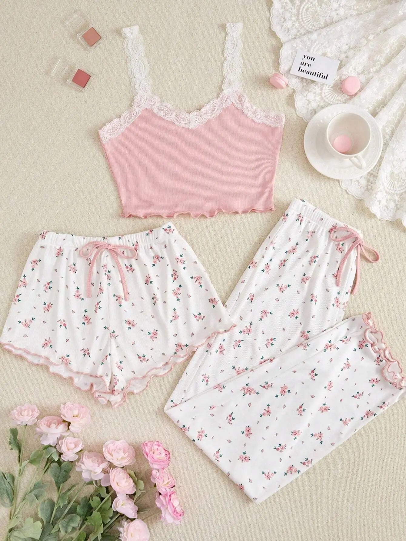 Pajama Sets Women Three Pieces Set Tank Tops Print Shorts Long Pant Suits Casual Sleep Lounge Sweet Lady Sleepwear Summer