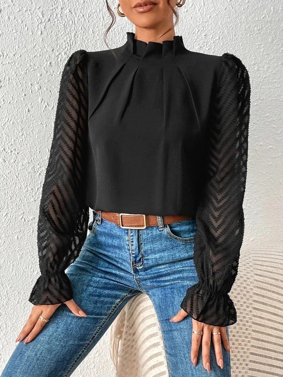 Elegant Women's Shirt Office Lady Blouse 2023 Autumn Half High Collar Panel Wave Chiffon Long Sleeve Top Women's Shirt S-XXL