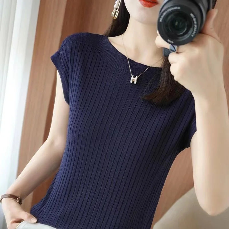 2025 New Spring Autumn Fashion Straight Neck  Knitted Sweater Short Sleeve Women Solid Color Simple Casual Tops Fema