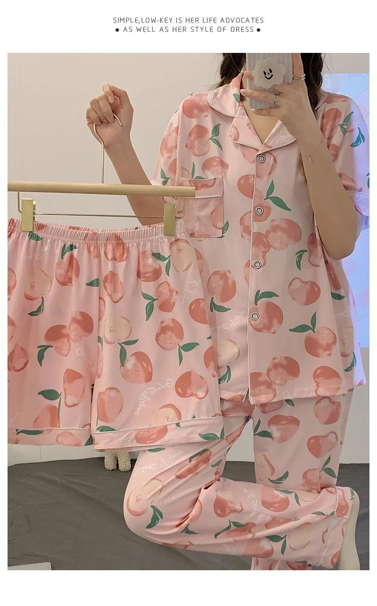 Women's Summer Three-Piece Pajama Set: Cute Teenage Student Short-Sleeved Long Pants Casual Korean-Style Pajamas Underwear