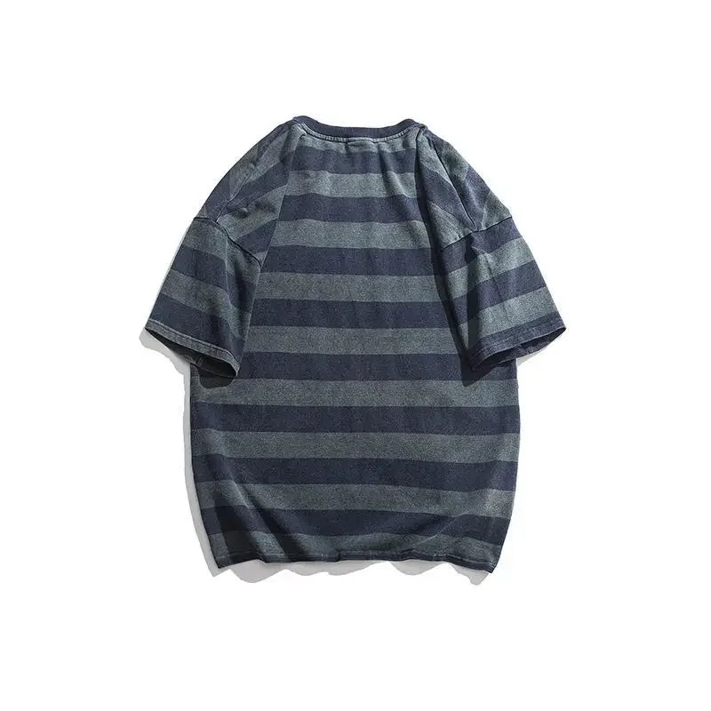 T Shirt for Men Striped Top Blue Loose Man Tee Shirts Vintage Clothing Baggy Basic Harajuku Casual Short Quarter Sleeve Kpop Hot