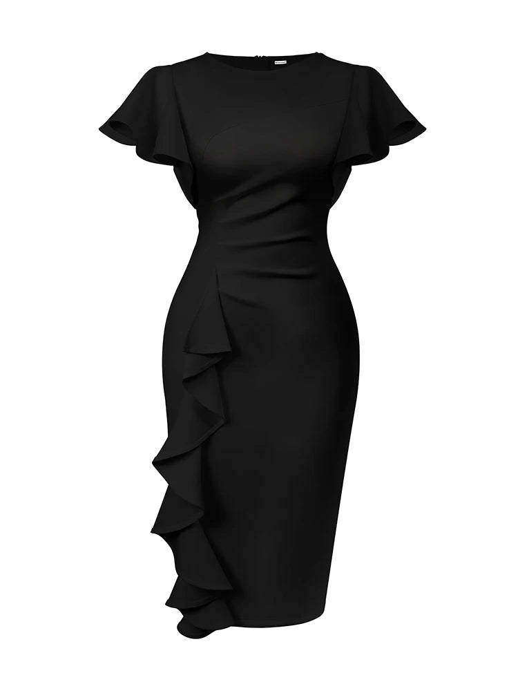 Women's Formal Evening Gown Slim Dress Ruffle Decoration Elegant Mid-Length Dress for Cocktail Parties Banquets