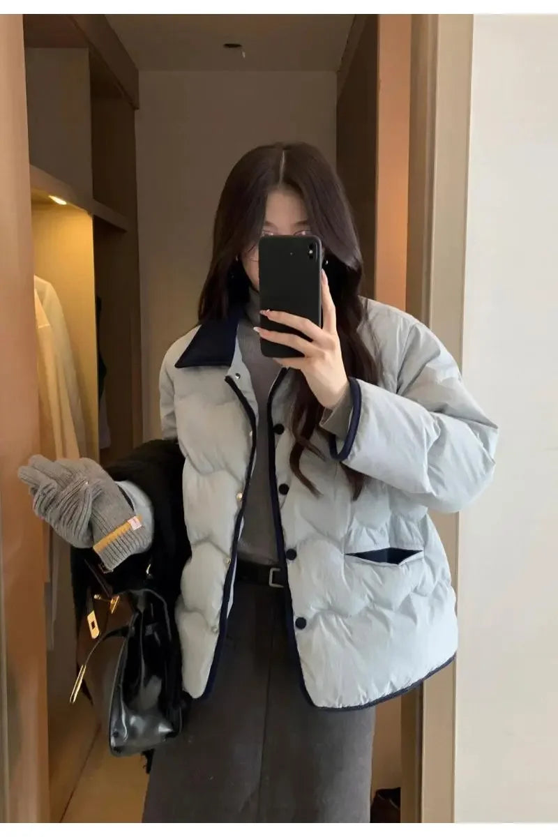 Women Casual Down Coats Korean Fashion Cotton Padded Jacket Female Autumn Winter Long Sleeve Single Breasted Warm Solid Coat
