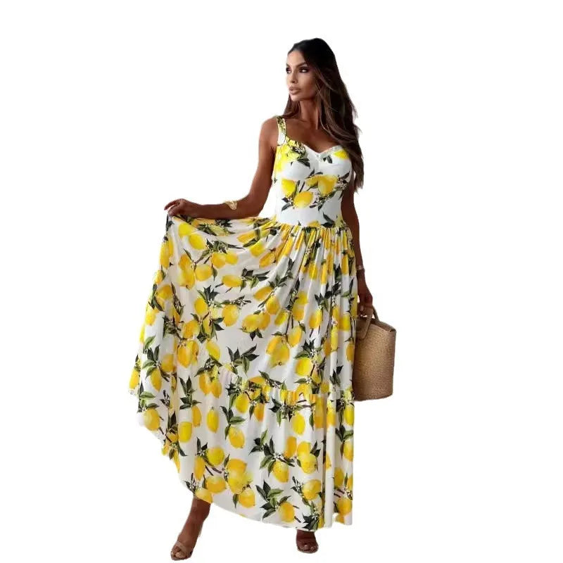 Women's Vest Dress Sexy Off-shoulder Fashion Fruit Print Party Backless Party Vacation Long Dress