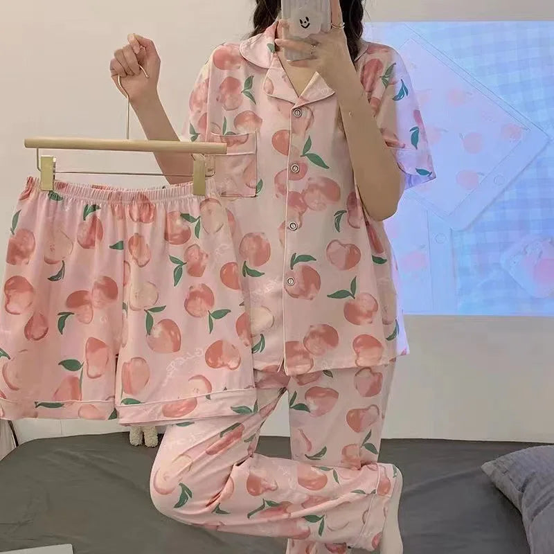 Women's Summer Three-Piece Pajama Set: Cute Teenage Student Short-Sleeved Long Pants Casual Korean-Style Pajamas Underwear