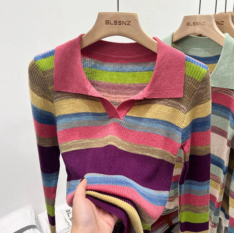 Polo Neck Shirts For Women Long Sleeve Tops Striped Clothing Knit Youth Offer Chic Elegant Summer 2024 T-shirt Woman Cotton New