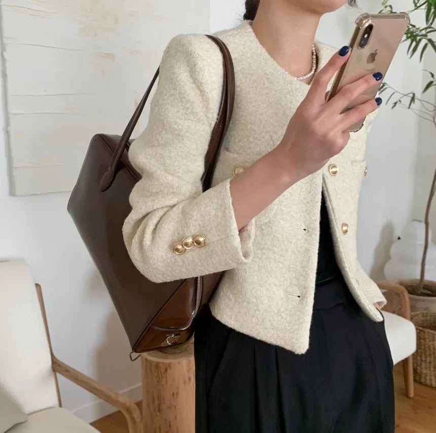 Women Autumn Winter 2025 French Vintage Coat Temperament High Quality Korean Casual Single Breasted Slim Tweed Jackets