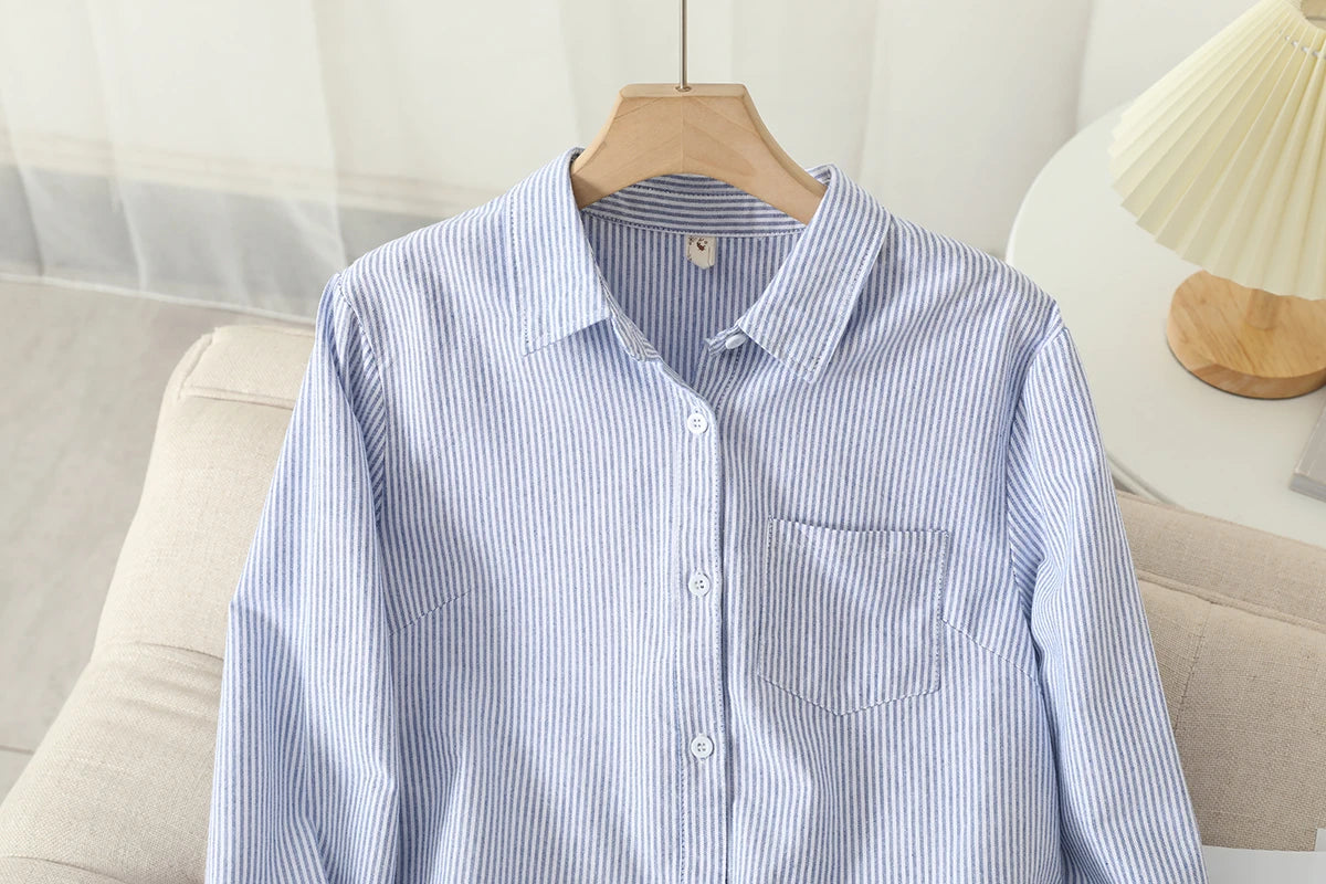 Casual Cotton Women's Oxford Shirt 2024 Autumn New Good Quality Woman Blouse and Tops Lady White Blue Striped Shirts Clothes