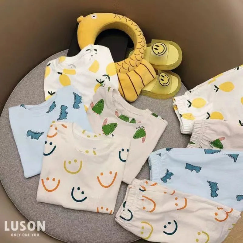 Summer Home Clothes Air-conditioned Clothes Boys and Girls Ice Silk Fabric Loose Short Sleeved Shorts Two-piece Set of Pajamas
