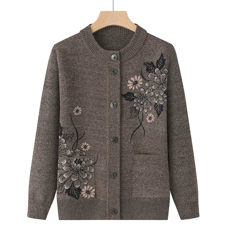 Korean Women's Clothes New Knit Woolen Printed Cardigan Coat Middle Aged Mother Knitwear Tops Vintage Grandma Sweater Jacket