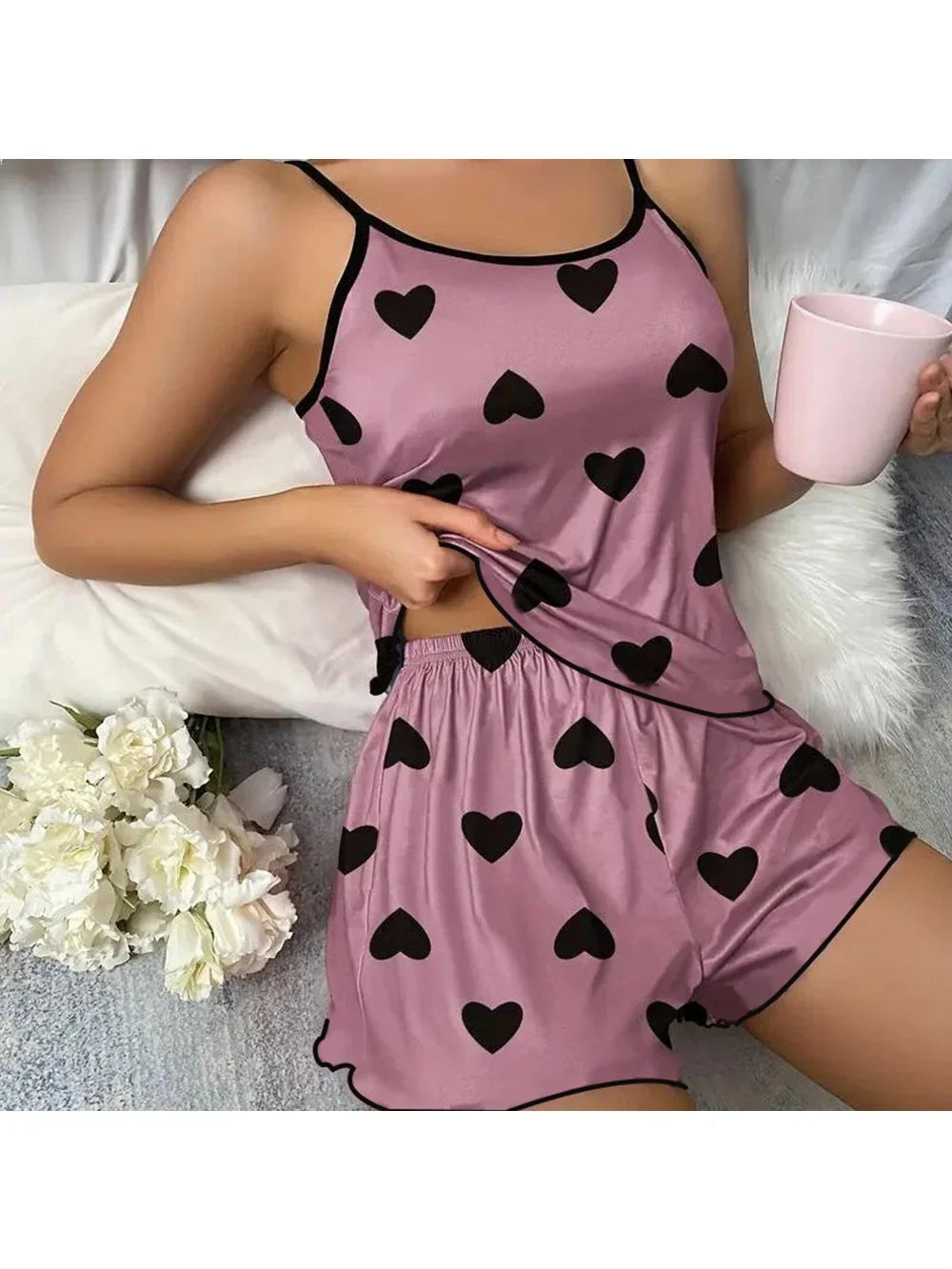 Summer New Women's Pajama Set Breathable Soft Casual Love Printed Design Sweet Home Strap Shorts Pajamas