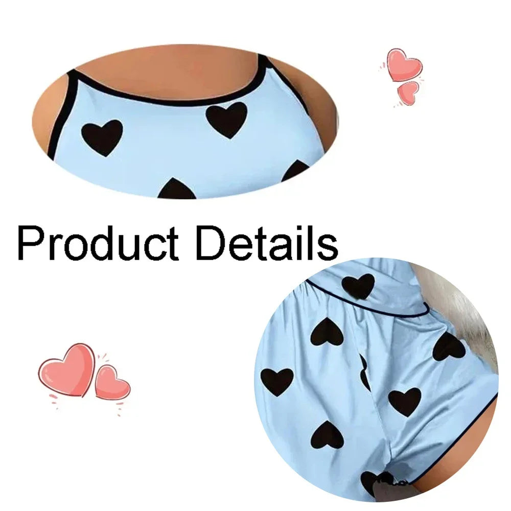 Summer New Women's Pajama Set Breathable Soft Casual Love Printed Design Sweet Home Strap Shorts Pajamas