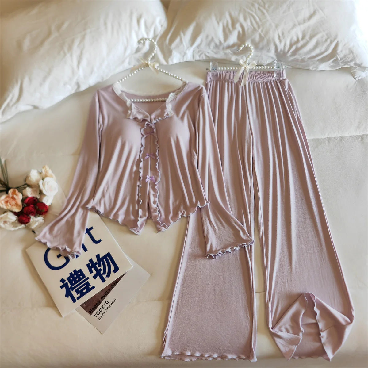 Pijama Feminina New Modal Chest Pad Set 2 Piece Woman Long Sleeve Pajama Sets Casual Korean Sleepwear Pyjamas Femme Home Wear