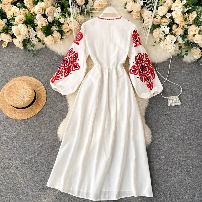 Bohemian Embroidered Dress for Women, Boho, Flower, O-Neck, Lantern Long Sleeve, High Waist, Cotton, White, Spring