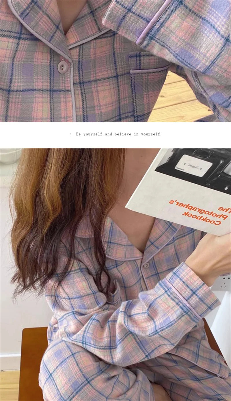 Pajamas Female Autumn and Winter Long-Sleeved Sweet Homewear Two-Piece Tide Cardigan Lapel Plaid Homewear 1