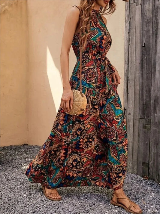 Women's Dress Elegant Print Sleeveless O-neckhalter Off Shoulder Dresses Vintage Waistlace Up Boho Women Long Dress Vestidos