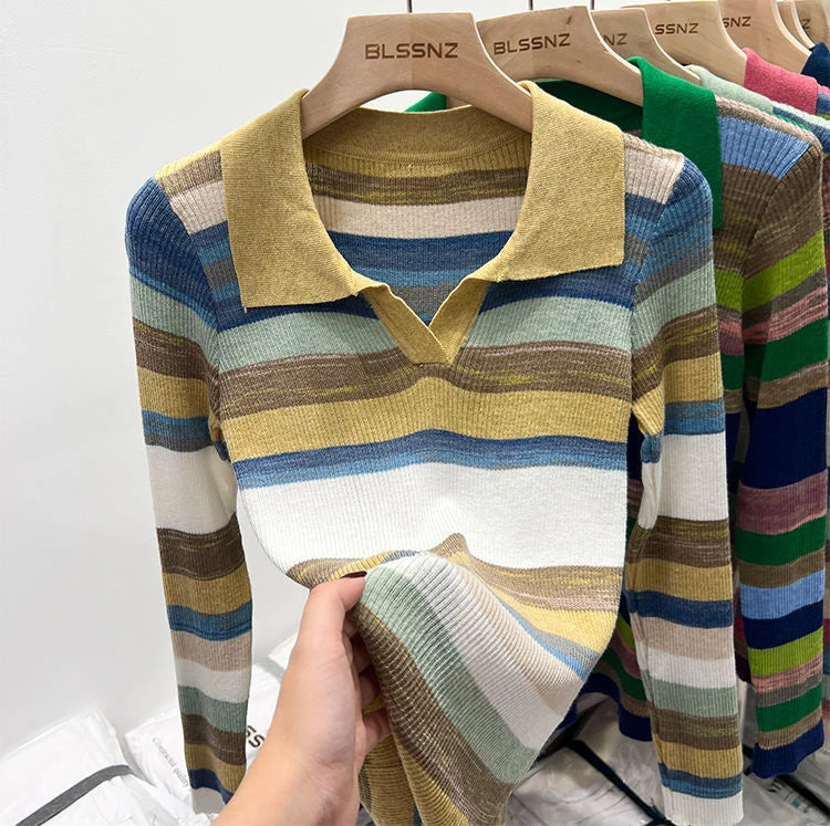 Polo Neck Shirts For Women Long Sleeve Tops Striped Clothing Knit Youth Offer Chic Elegant Summer 2024 T-shirt Woman Cotton New