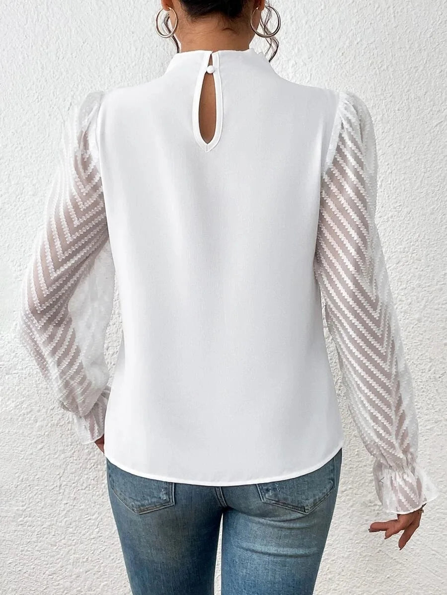 Elegant Women's Shirt Office Lady Blouse 2023 Autumn Half High Collar Panel Wave Chiffon Long Sleeve Top Women's Shirt S-XXL