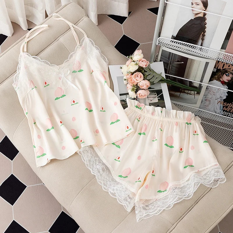 2024 New Sexy Floral Print Pajamas Women's Nightwear Lace V-Neck Ice Silk Pijama