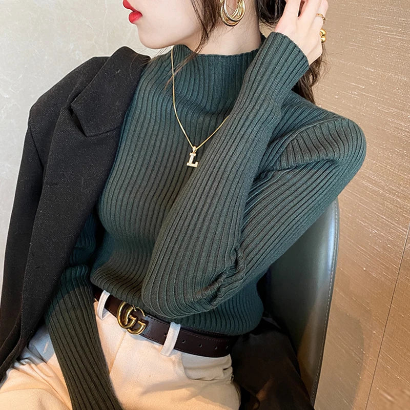 Winter Long Sleeve Mock Neck Knitted Women Sweater Pullover Slim Knit Sweater Women Tops Blusas Mujer De Moda 2024 Blusa J995