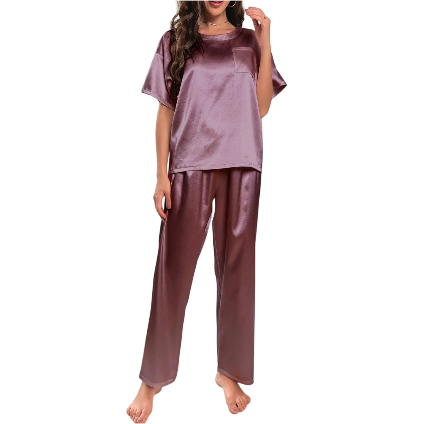 High Quality Casual Ice Silk Loose Pajamas Set Short Sleeved Long Pants Comfortable Pajama Set Daily Home Clothes Pajama Set