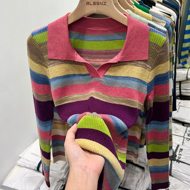 Polo Neck Shirts For Women Long Sleeve Tops Striped Clothing Knit Youth Offer Chic Elegant Summer 2024 T-shirt Woman Cotton New
