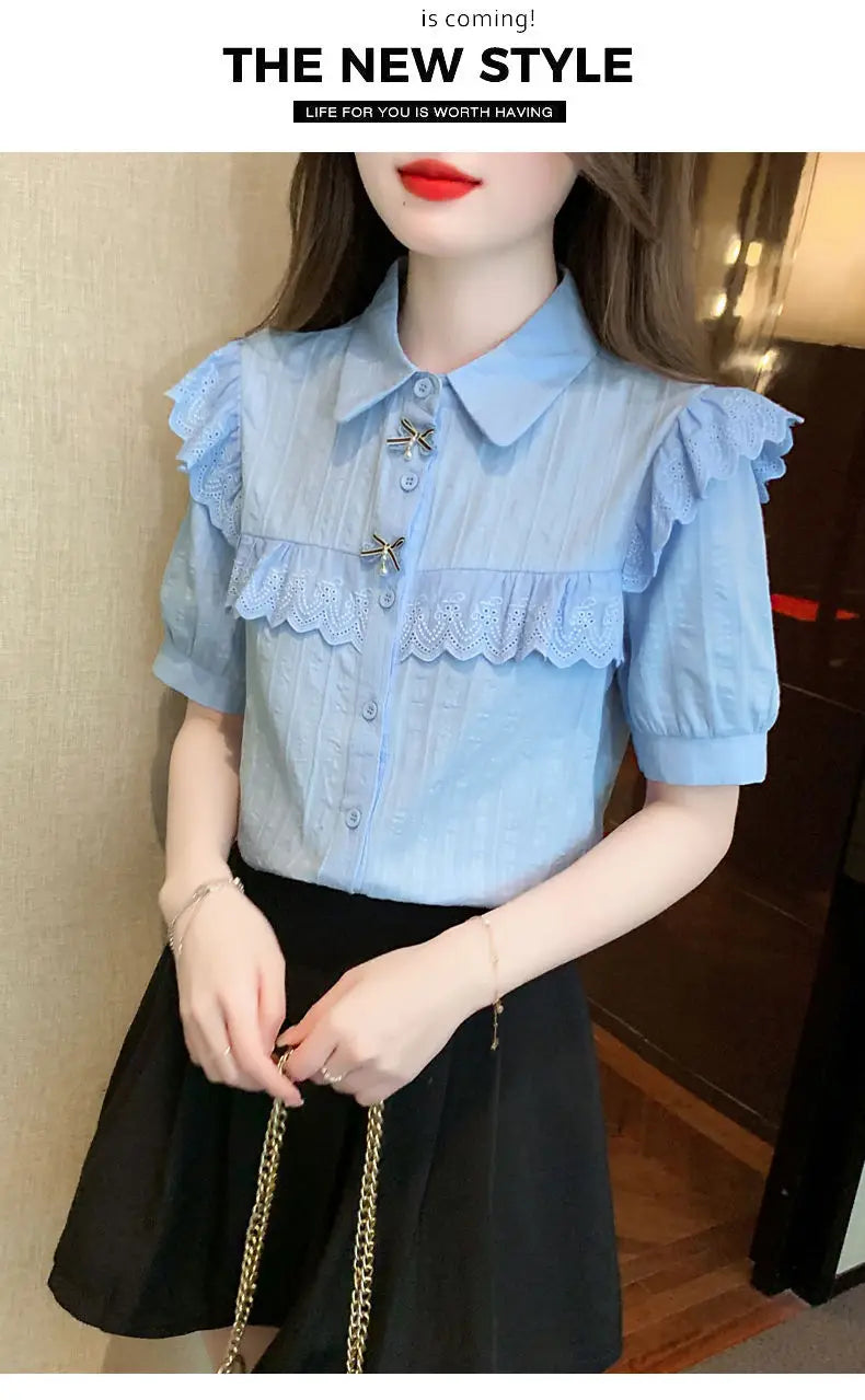 Summer Dress Women's Shirt T-Shirt New Women's Shirt Cotton Shirt Women's Foreign Design Sense Niche Short Sleeve Lace Top