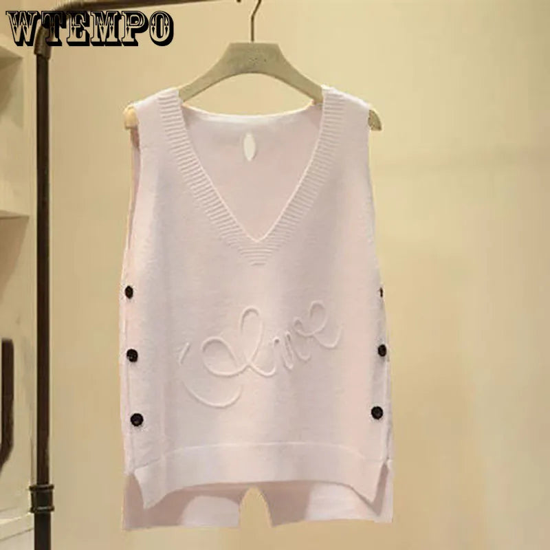 WTEMPO Fashion V-Neck Button High Low Vest Sleeveless Sweater Women's Clothing Autumn All-match Pullovers Loose Korean Tops
