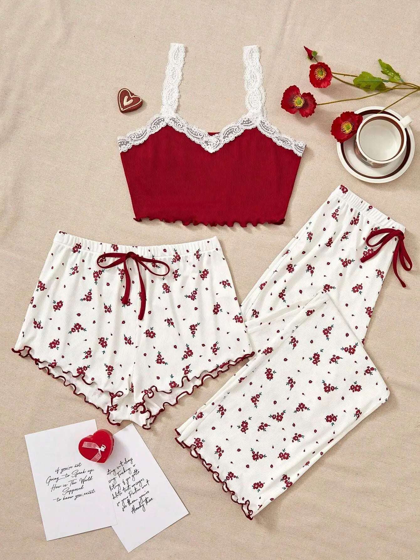 Pajama Sets Women Three Pieces Set Tank Tops Print Shorts Long Pant Suits Casual Sleep Lounge Sweet Lady Sleepwear Summer