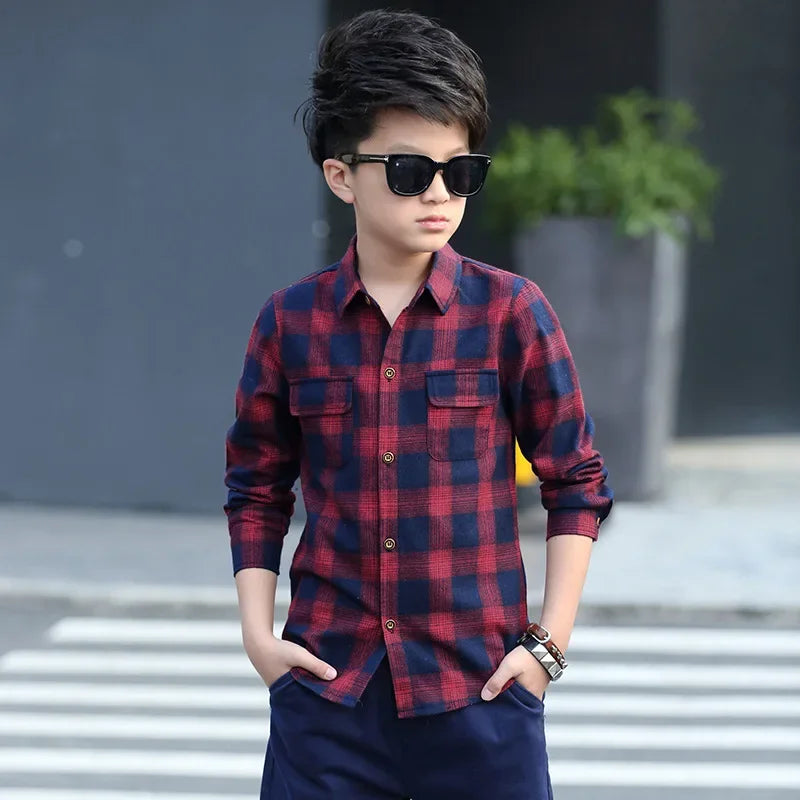 Boys Shirts Fashion Children Plaid Shirts Cotton Long Sleeve Boys Tops Shirt Teenage Kids Boys Clothes 5 6 8 9 10 12 14 15 Years