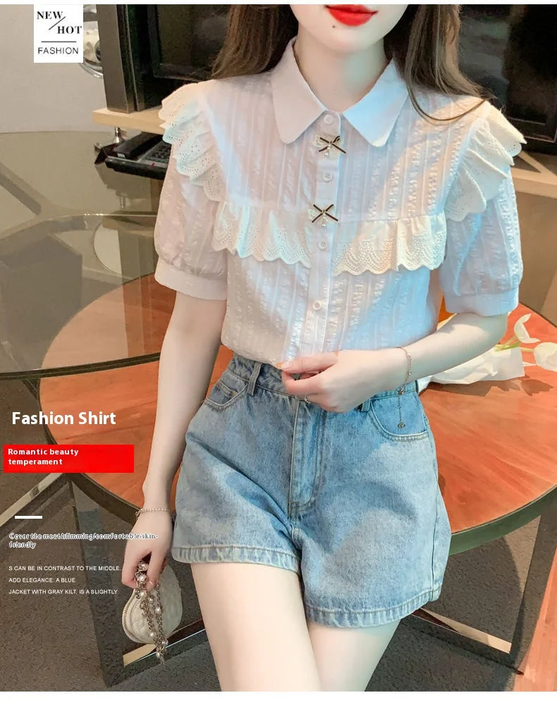 Summer Dress Women's Shirt T-Shirt New Women's Shirt Cotton Shirt Women's Foreign Design Sense Niche Short Sleeve Lace Top