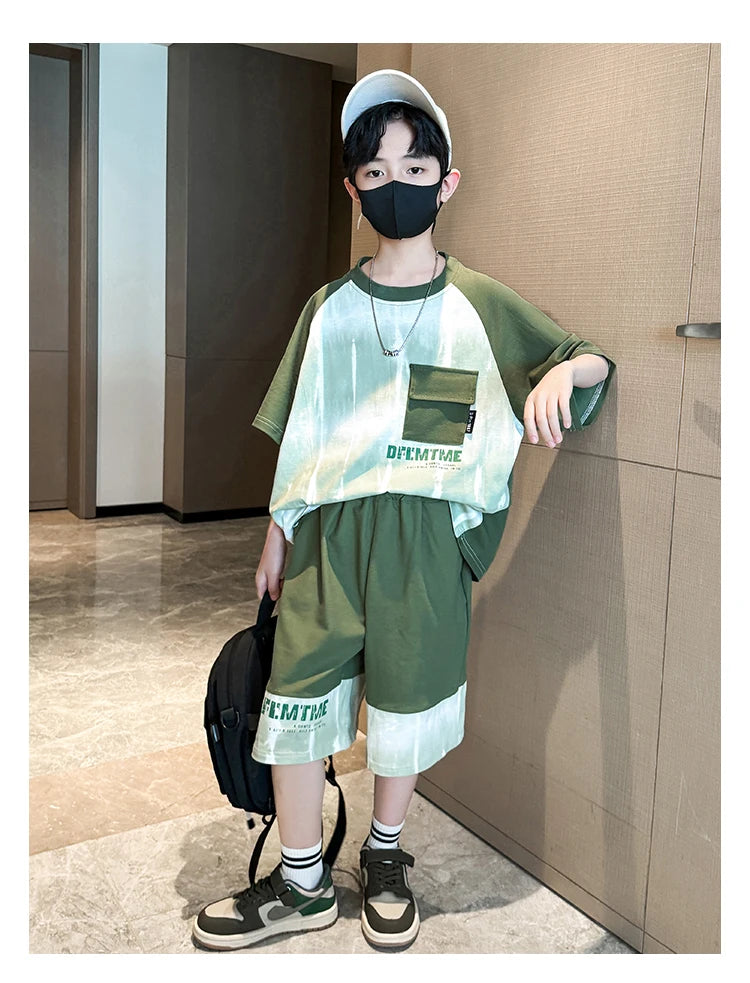 Boys Clothes Sets With Front Pocket 2025 Summer New Tshirts + Shorts Children's Clothes High Quality Kids Boy Sport Suits 5-14T