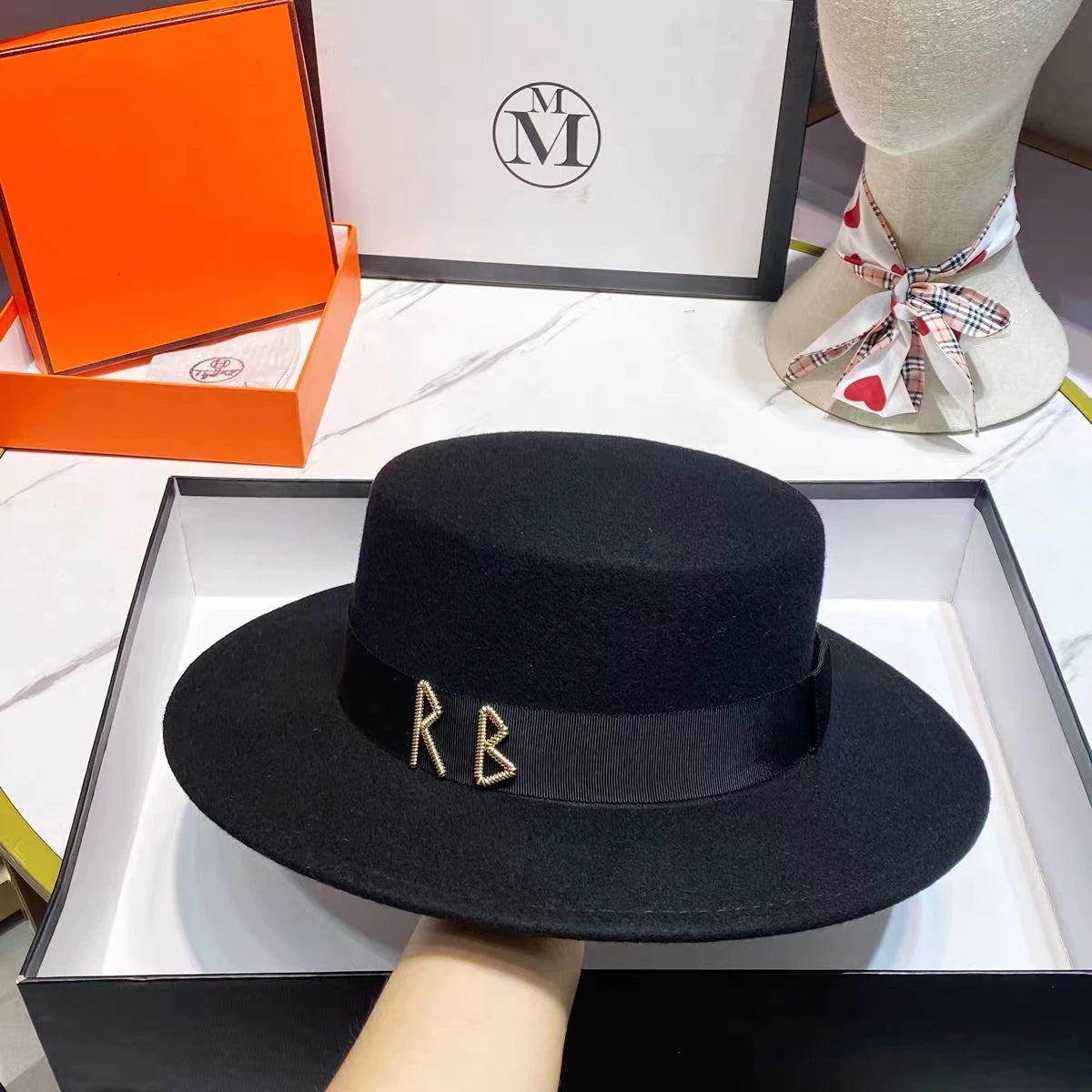 Fedora Flat Top Hat Autumn/Winter Hat RB British French Flat Top Hat Punk Jazz Hat Wide brimmed Hat Gorras 모자