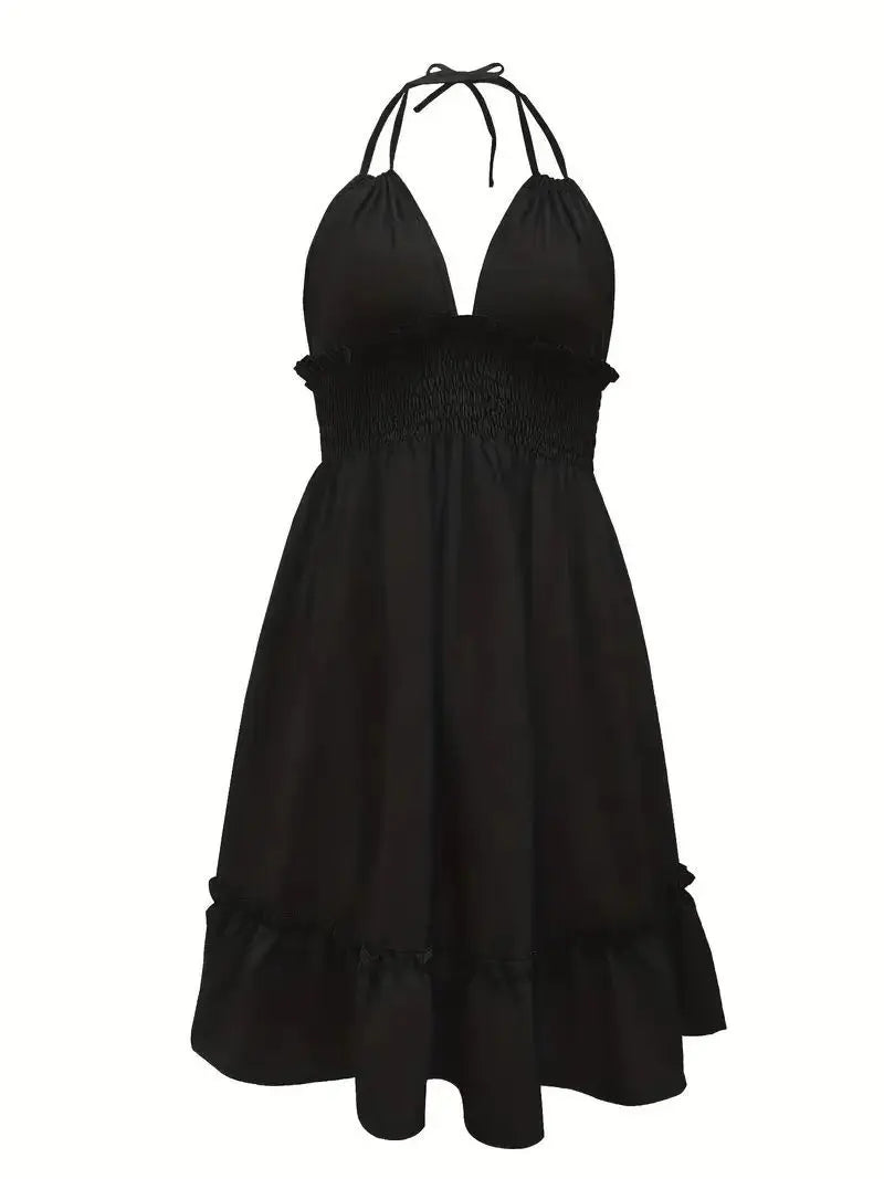 Women's Clothing European Dresses popular deep V-rope suspender black fungus edge parallel wrinkled seam backless sexy dress