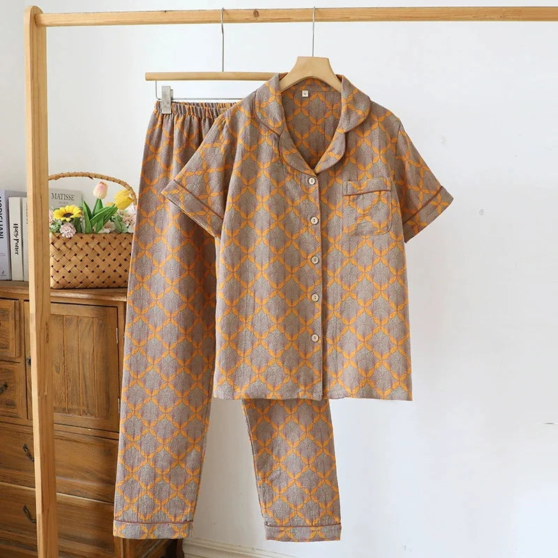 Summer Pijama Cotton Pajamas Set Middle Aged Mother Women 2 Piece Set Outfit Jacquard Home Wear Trousers Short Sleeve Sleepwear