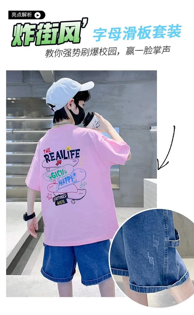 Summer Kids Clothes Streetwear Fashion English Skateboard Print T Shirt 100%Cotton Tops Tees Children Short Sleeve Boys Clothes
