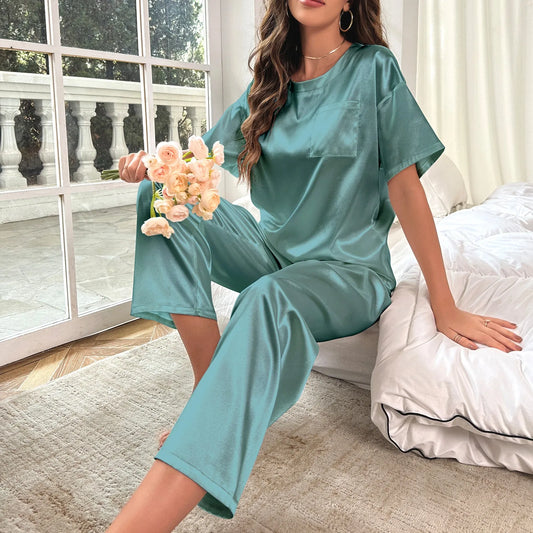 High Quality Casual Ice Silk Loose Pajamas Set Short Sleeved Long Pants Comfortable Pajama Set Daily Home Clothes Pajama Set