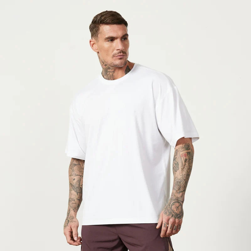 Oversized T-shirt Mens Cotton Dropped Shoulder Loose Short Sleeve Fitness T Shirt Summer Gym Bodybuilding Sports Tops Tees
