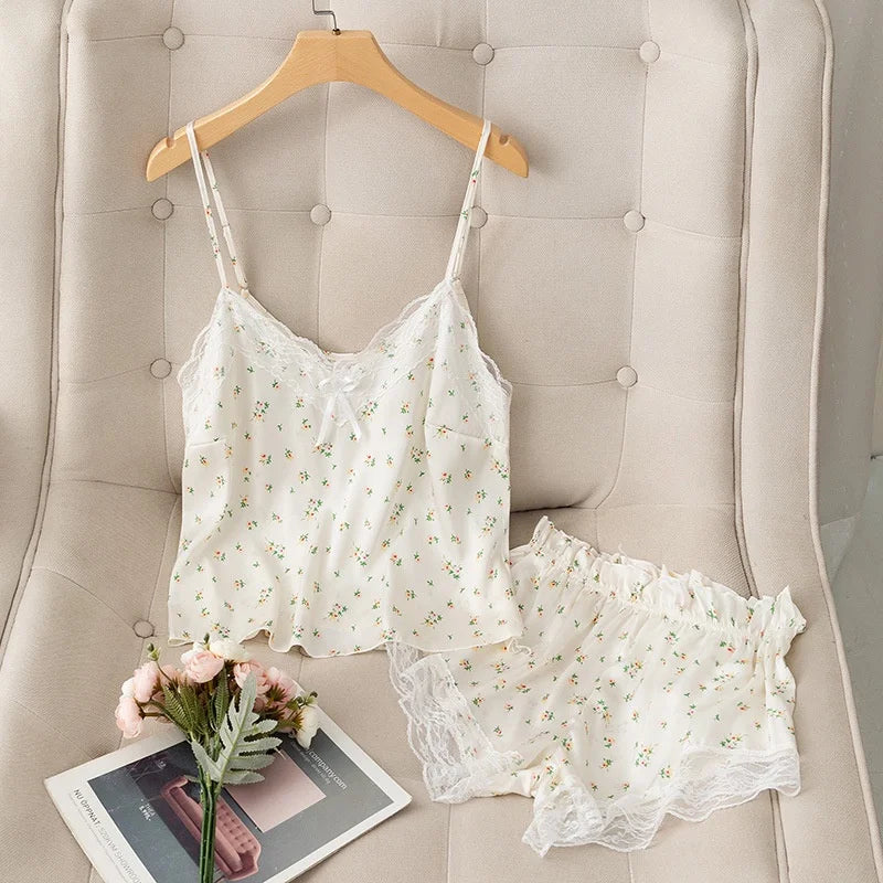 2024 New Sexy Floral Print Pajamas Women's Nightwear Lace V-Neck Ice Silk Pijama