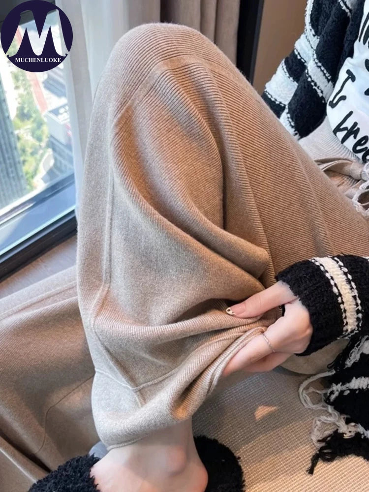 Women's Pants Autumn Winter New Versatile Thickening Keep Warm Knitted Pant Fashionable Casual Loose High Waisted Wide Leg Pants