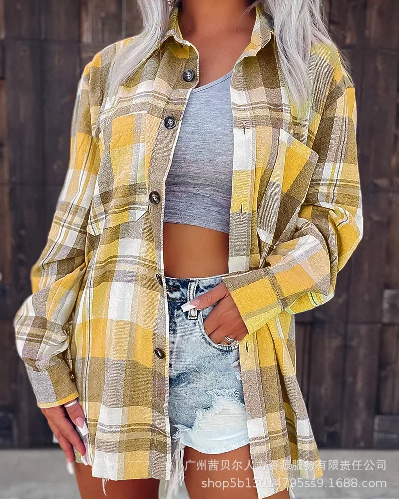 Women Coat Spring New Loose Plaid Pocket Splicing Shirt Coat Women Long Sleeve Single-Breasted Cardigan Turn-down Collar Coat