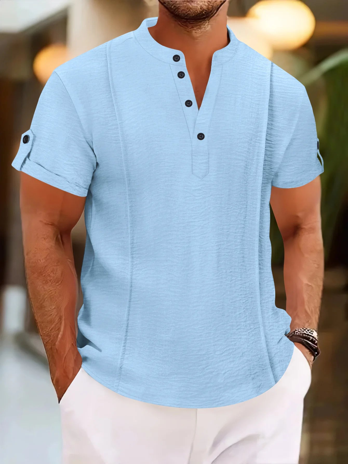 Men's summer new style standing collar short-sleeved POLO Shirts double button front casual outdoor beach wind solid color Tops