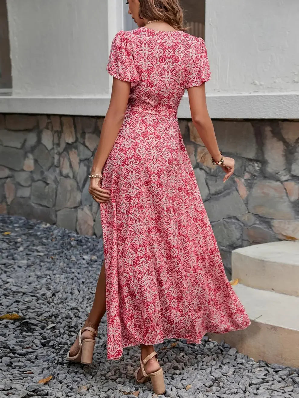 New Summer Women's V-neck Print Short-sleeve One-piece Belted Dress Beach Vacation Style Midi Skirt Regular Waistline