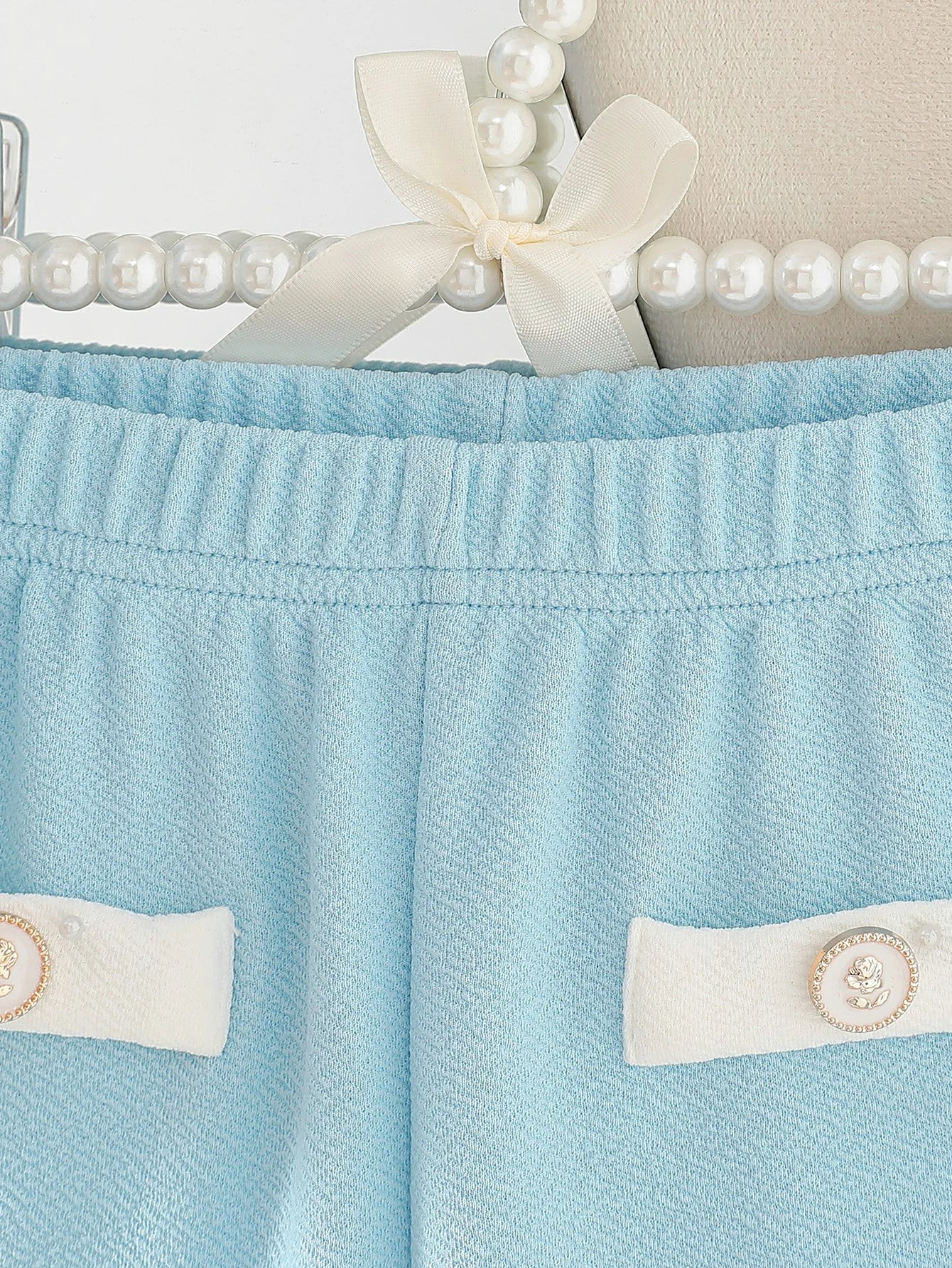 Baby girl autumn elegant style two-piece set, light blue small fragrance butterfly bow top, same color pants