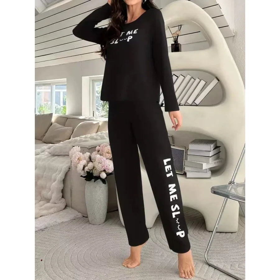Women's Pyjama Set Fashionable Alphabet Print Round Neck Top and Long Trousers Set Simple and Casual Homewear